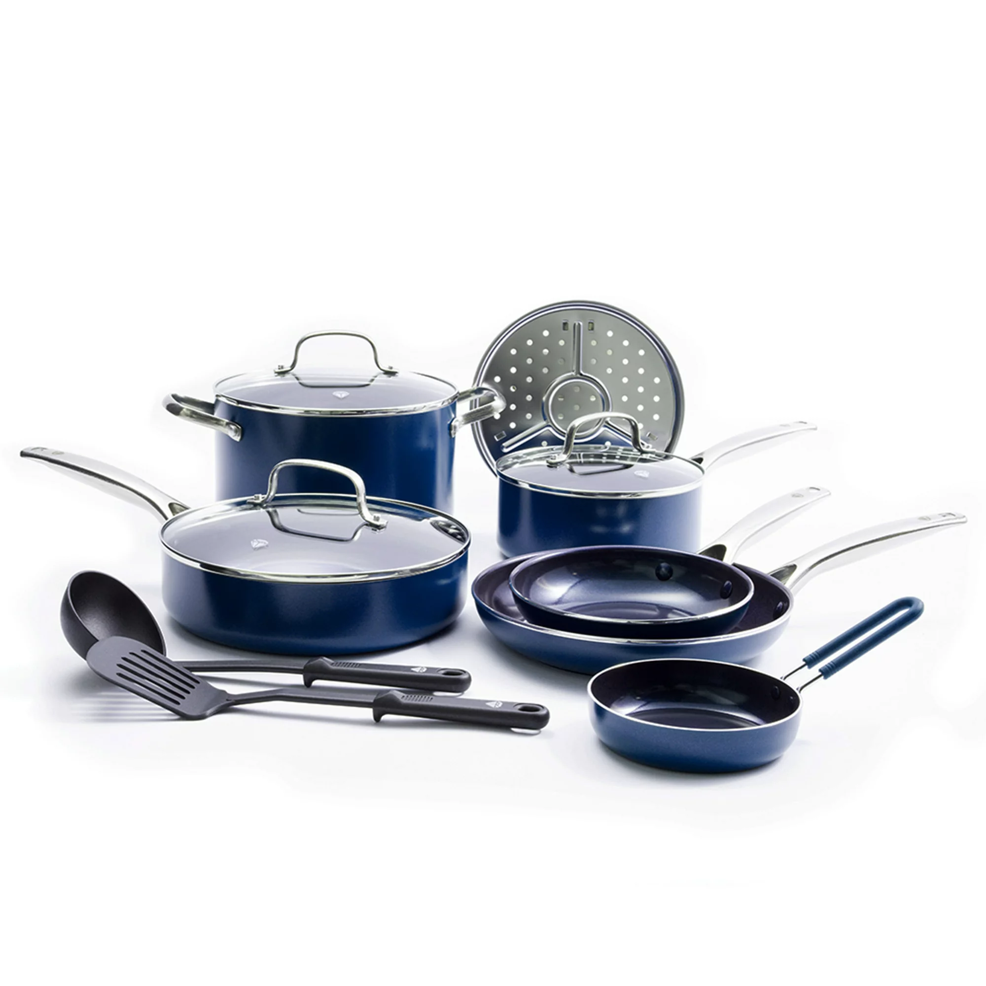 Blue Diamond 12-Piece Toxin-Free Ceramic Nonstick Pots and Pans Cookware Set， Dishwasher Safe， Blue