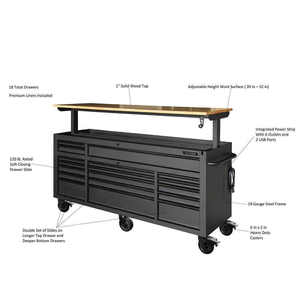 Husky 72 in. W x 24 in. D Heavy Duty 18-Drawer Mobile Workbench Cabinet with Adjustable-Height Hardwood Top in Matte Black HOLC7218BB1MYS