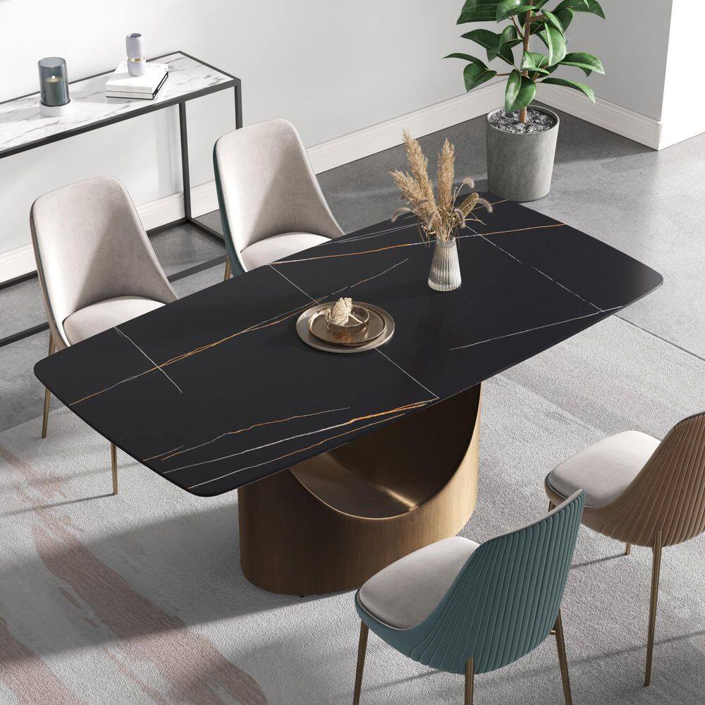 JE Home 70.86 in. Black Rectangle Sintered Stone Tabletop Dining Table with Gold Carbon Steel (Seats 6) JE-DTT18ABDTL5G