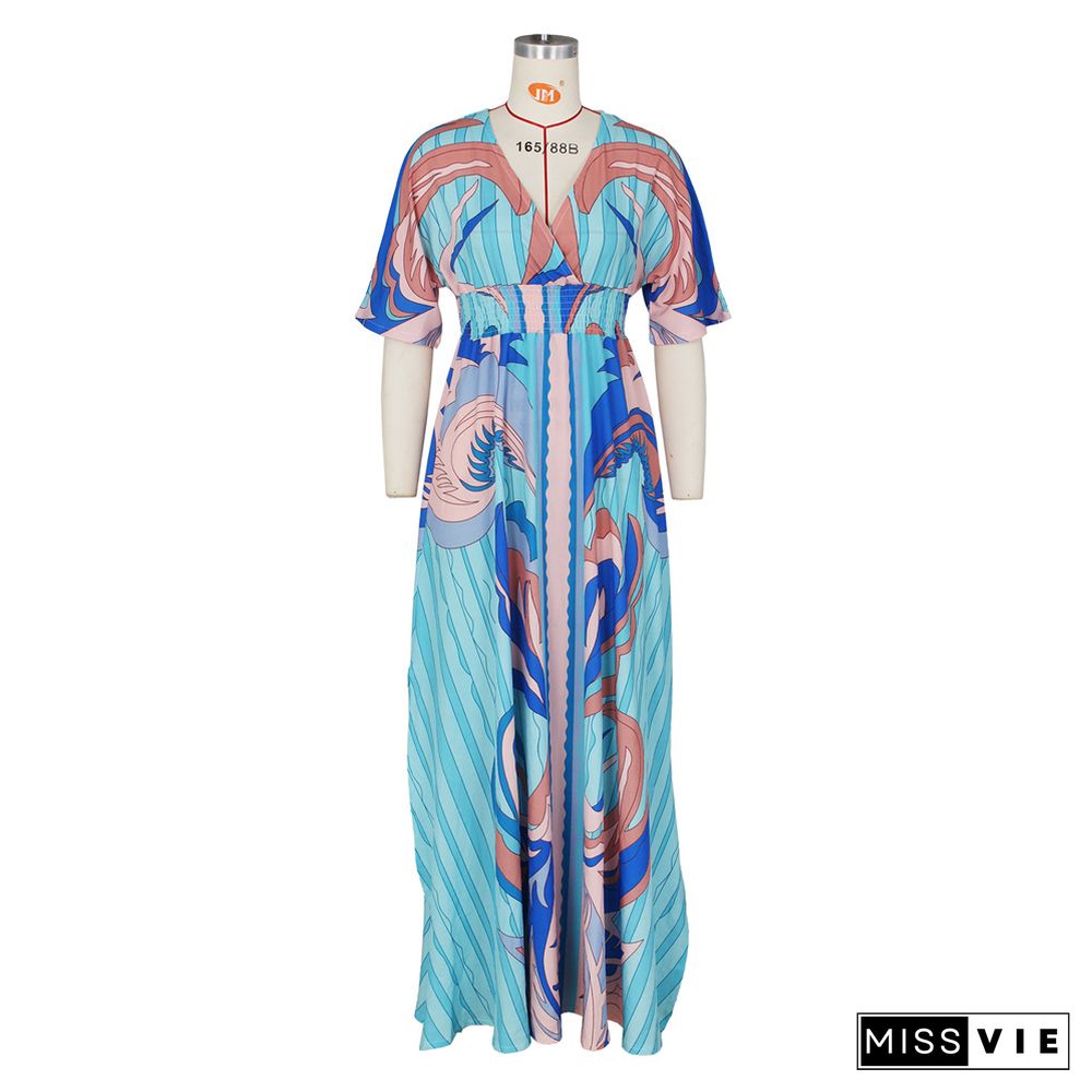 V Neck Print Holiday A-line Short Sleeve Maxi Dresses