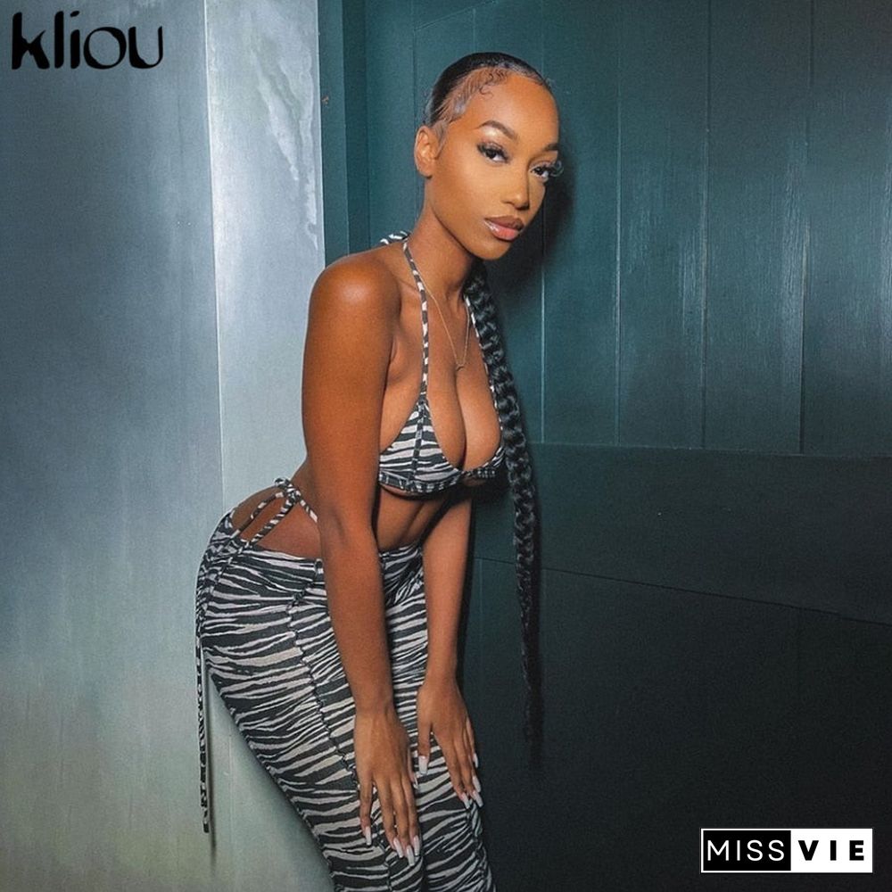 Kliou Zebra Pattern Print Matching Sets Women Sleeveless Sexy Backless Halter Top And  Bandage Pants Two Piece Outfits