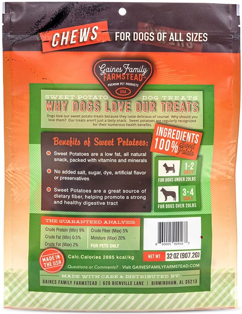 Gaines Family Farmstead Sweet Potato Chews Grain-Free Dog Treats， 32-oz bag