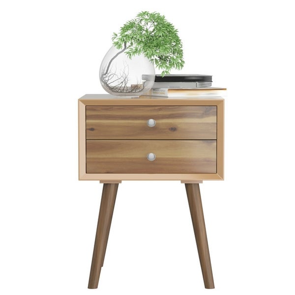 Wooden Nightstand Mid-Century End Side Table with 2 Storage Drawers-Natural - 16