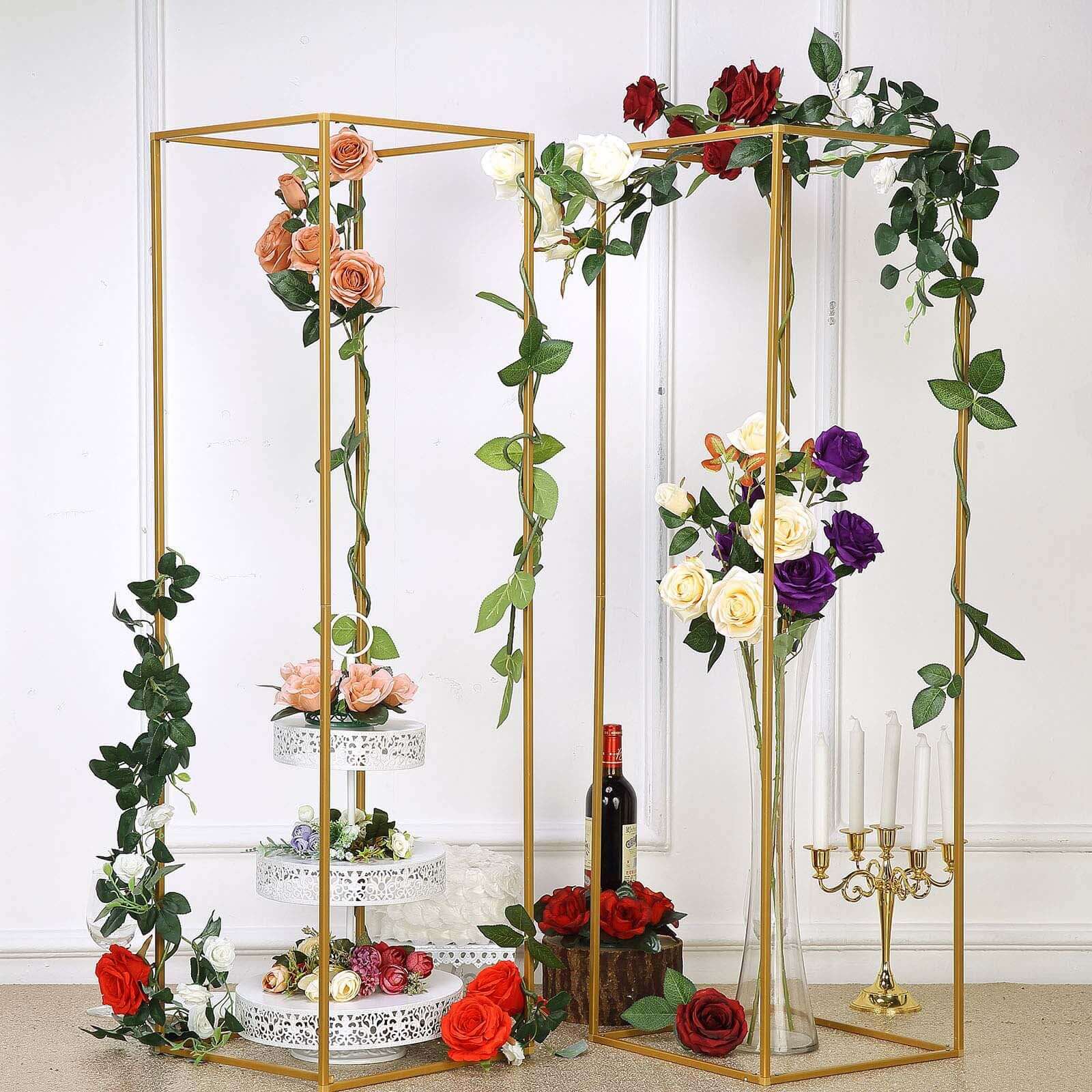 2 Pack Rectangular Gold Metal Wedding Flower Stand, Geometric Column Frame Centerpiece 48