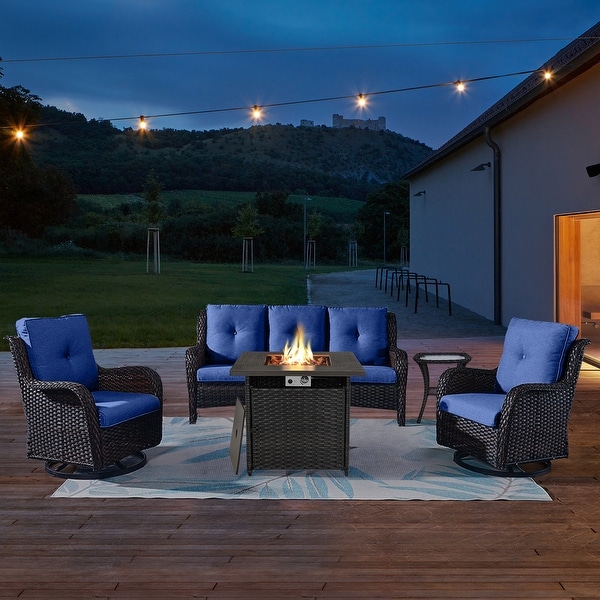 Outdoor Wicker 3Seat Sofa with Fire Pit Table Swivel Chiar Table