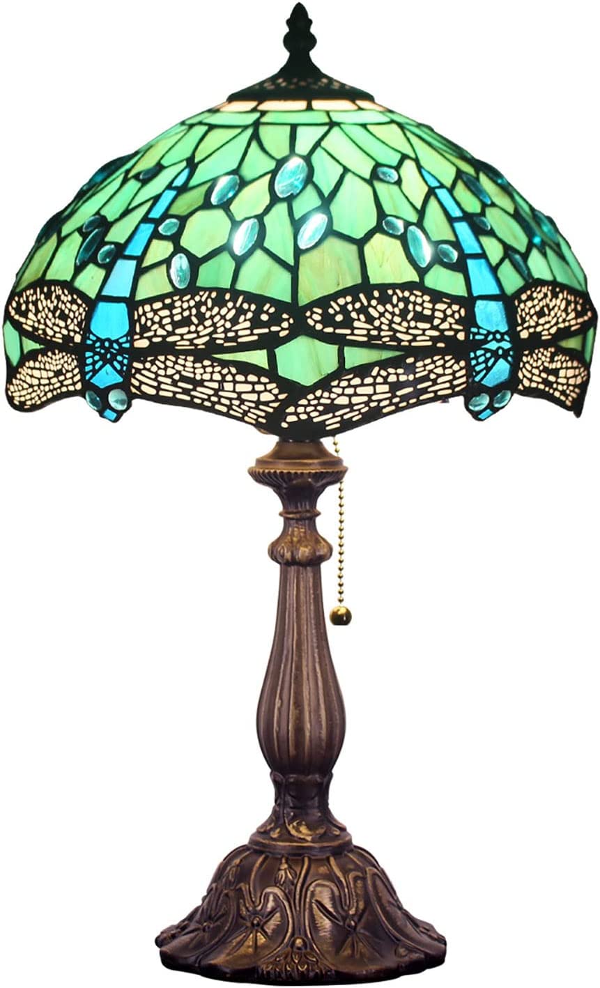 SHADY Tiffany Lamp W12H19 Inch Green Stained Glass Dragonfly Style Table Reading Lamp Nightstand Bedside Desk Light Decor Living Room Bedroom Home Office Work Study Pull Chain Switch