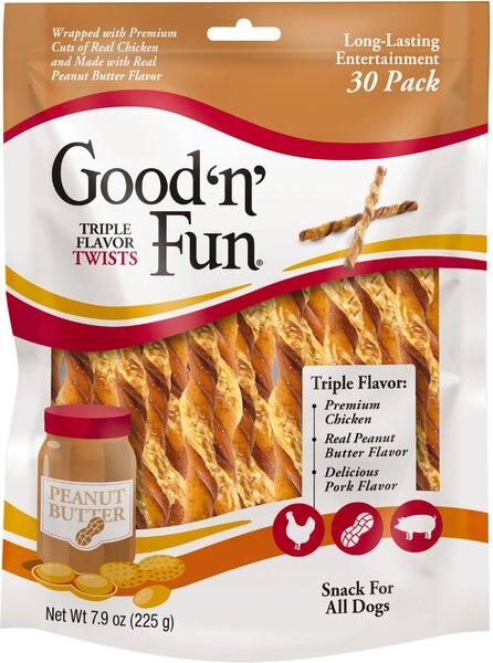 Good 'n' Fun Triple Flavor Peanut Butter Twists Dog Rawhide Treat， 7.9-oz bag， 30 count