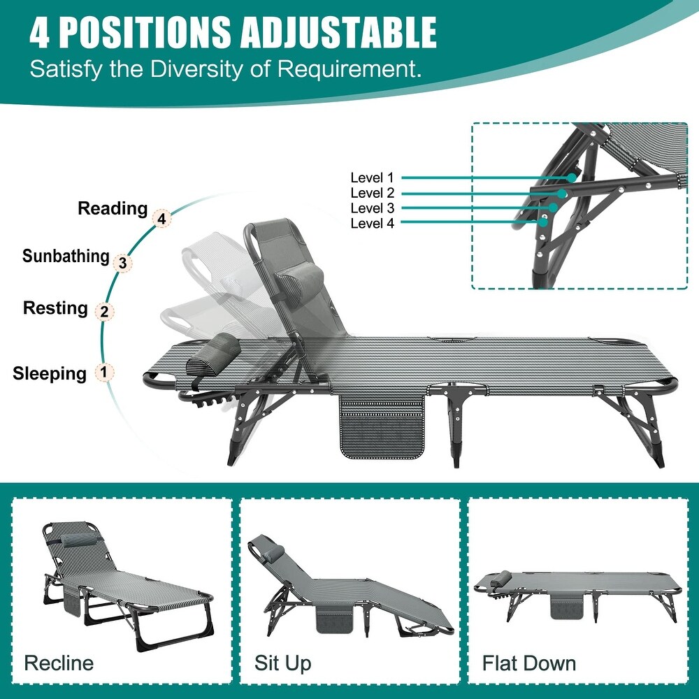 Folding Lounge Chair with Mattress  4 Position Adjustable Folding Sleeping Bed Cot Chaise Lounge Chairs Perfect for Patio