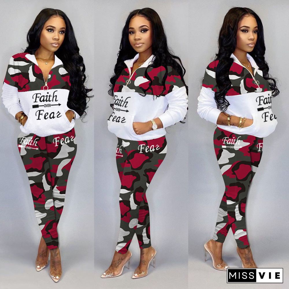 Camo Print Patchwork Pullover Top and Pants Sweatsuits