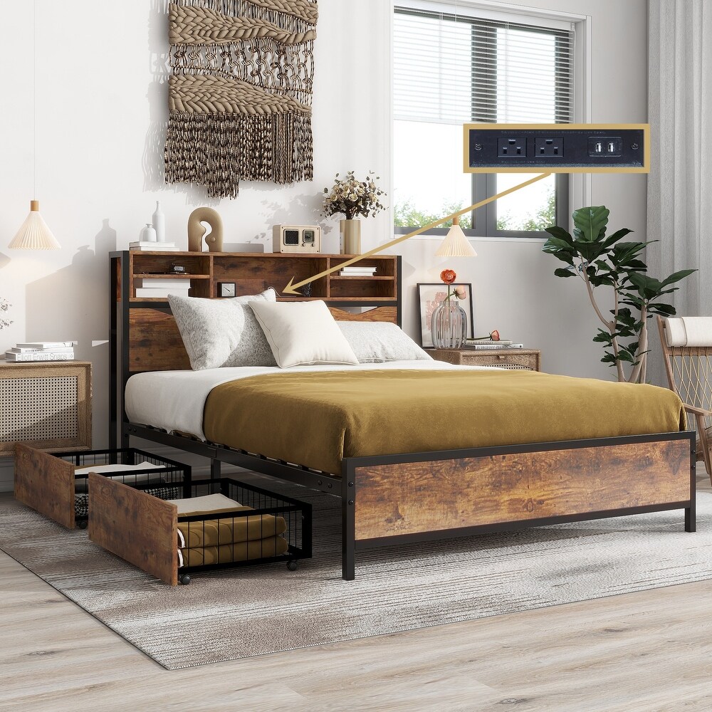 Rustic Bookcase Bed Frame with Power Outlets + 2 Storage Drawers 