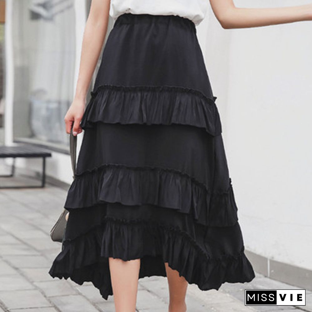 Midi Long Skirts Womens Maxi Skirt Goth Lolita Summer High Waisted Asymmetrical High Low Ruched Ruffle Skirts Rok