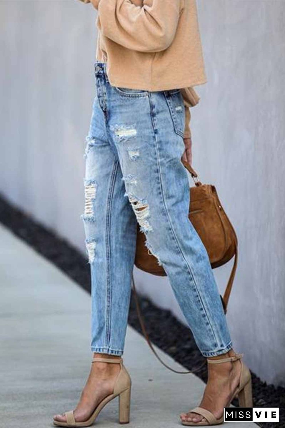 Mid Waist Ripped Jeans