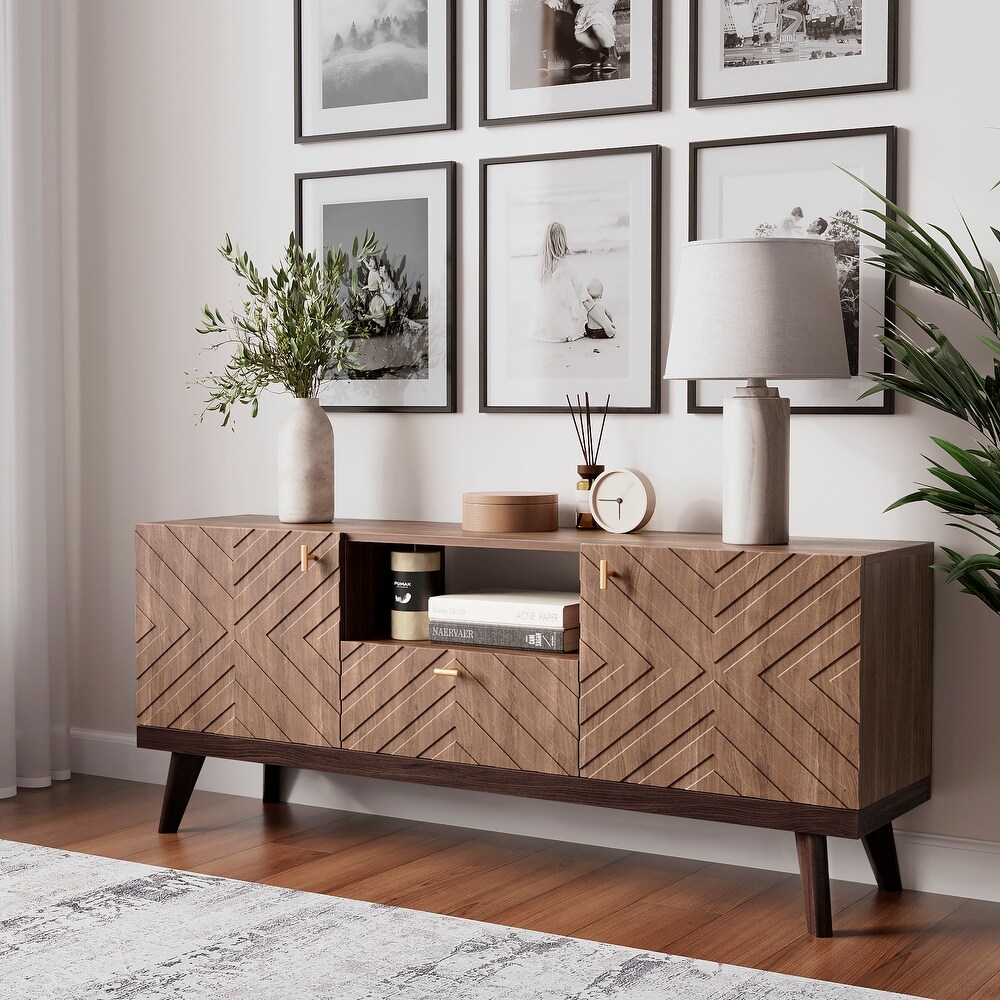 Living Skog Alba Beige TV Stand Console with Drawer Fits TV's up to 65 in. with Wood Legs Mid Century Modern Design