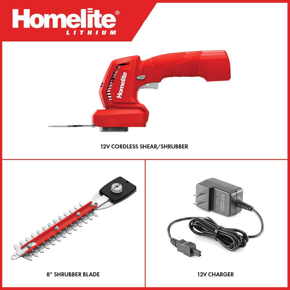 Homelite 12V Lithium Cordless Battery Grass Shear and Shrubber Trimmer with Internal 2.5 Ah Battery and Charger HOMHT10