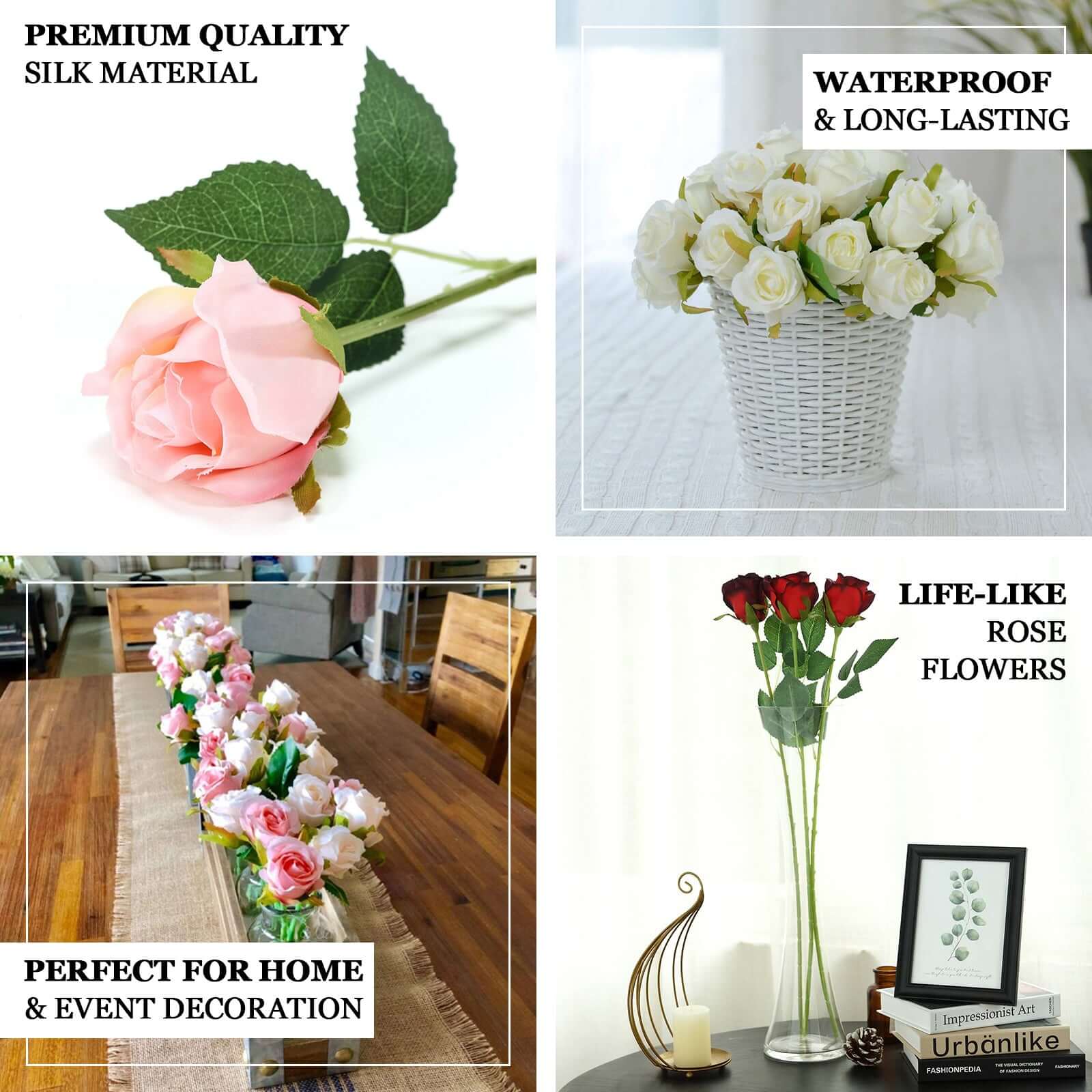 24pcs White Long Stem Artificial Silk Roses Flowers 31