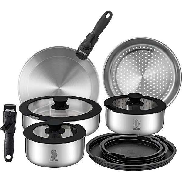 16 Piece Stainless Steel Cookware Set， Kitchen Removable Handle Stackable Pots and Pans Set