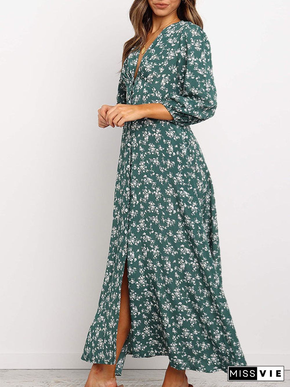 Women's Long Sleeve V-neck Floral Printed Midi Dress