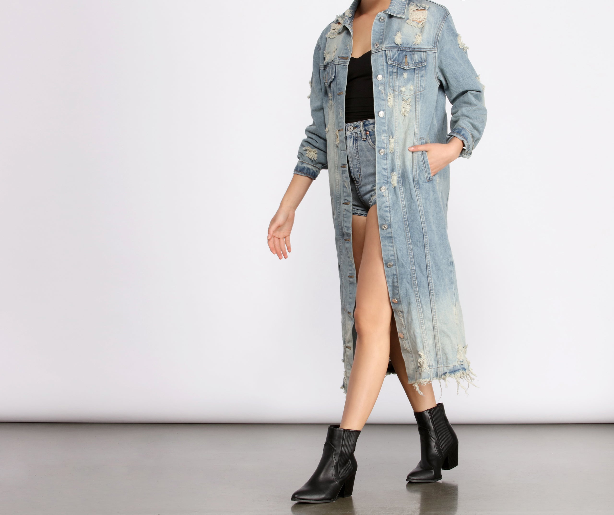 Stylishly Destructed Long Line Denim Jacket