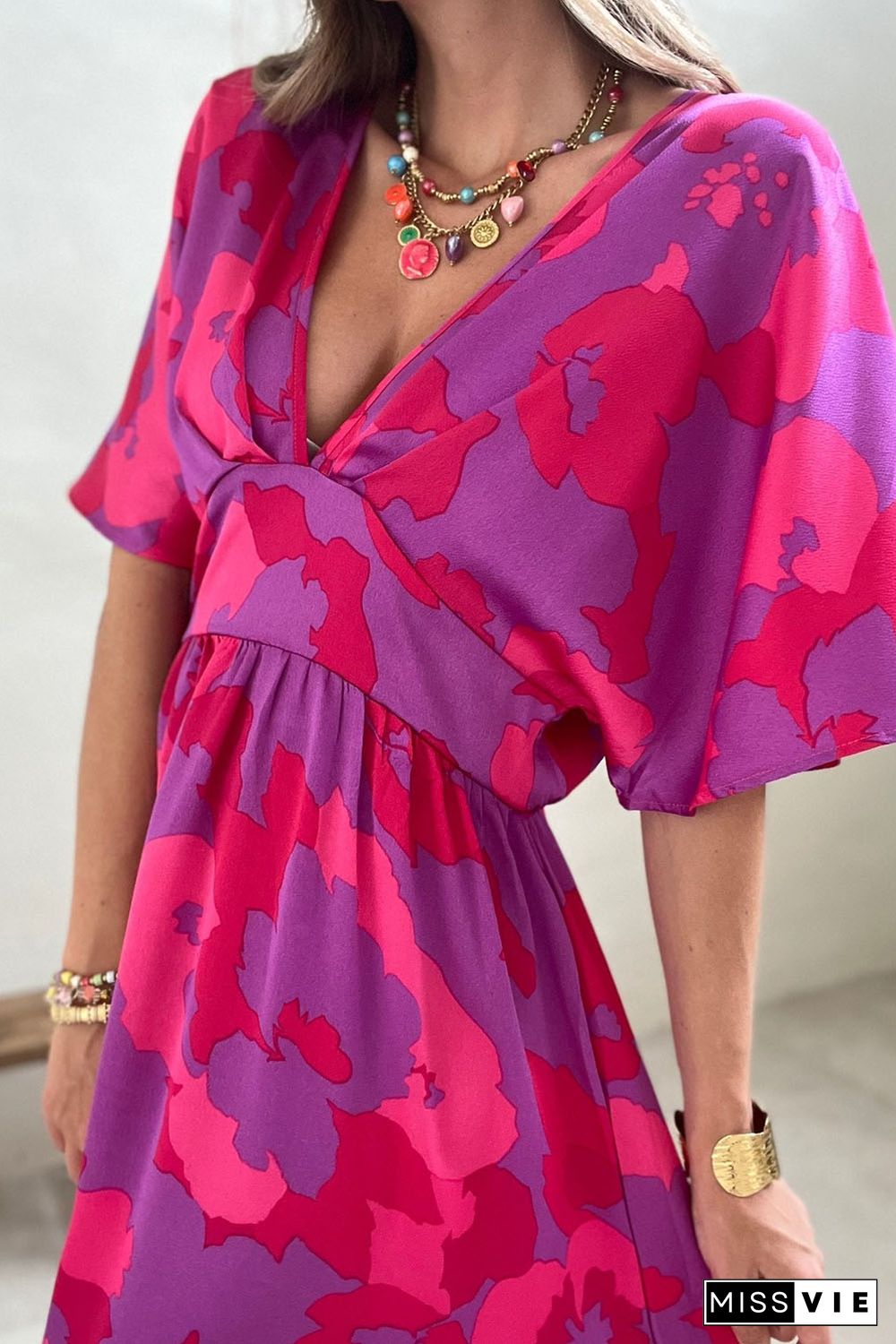 Rose Abstract Floral Print V Neck Dolman Maxi Dress