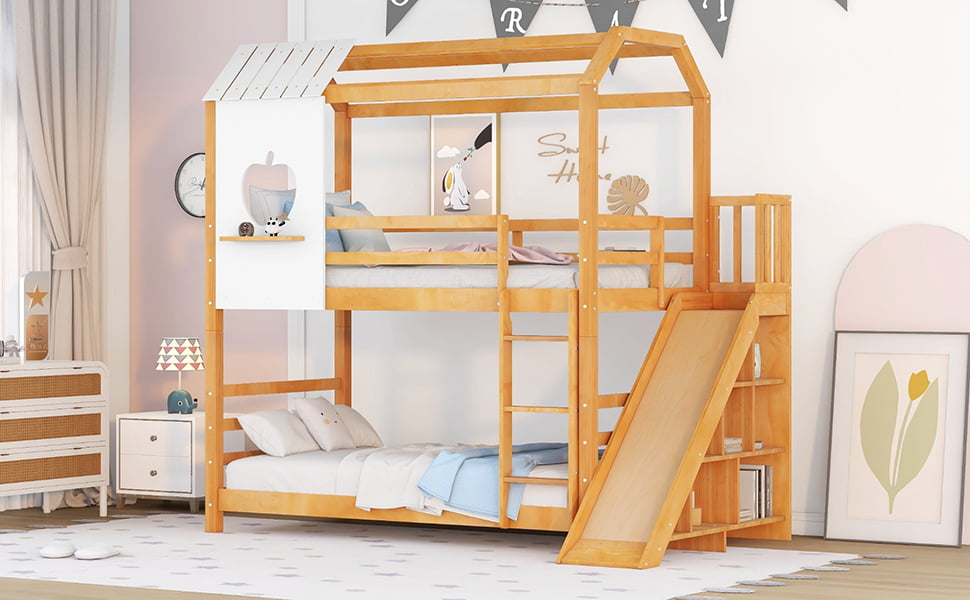 Twin Size House Bunk Bed with Slide and Shelf for Kids Bedroom, Natural