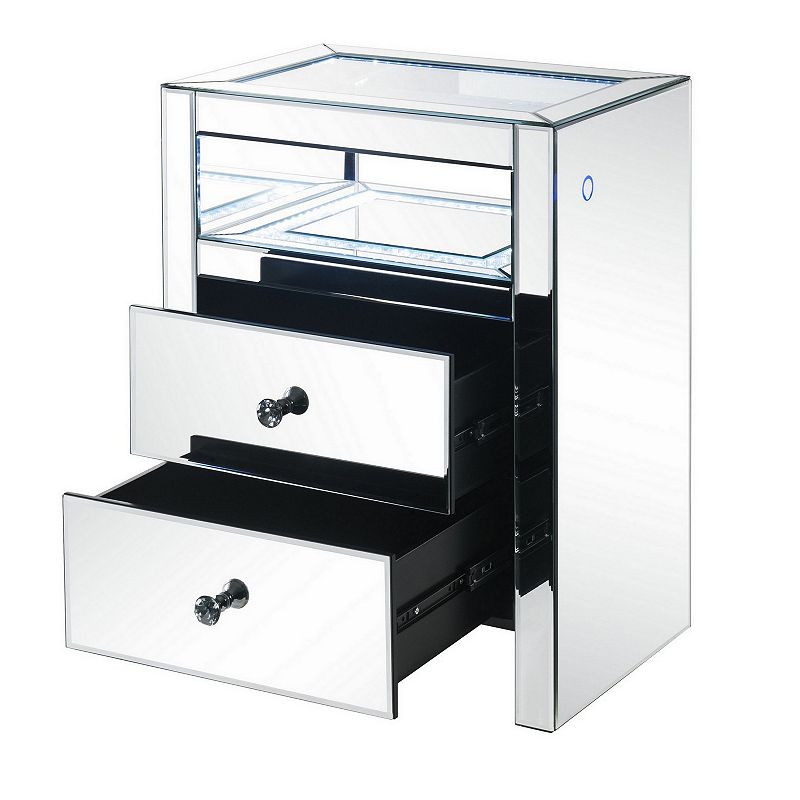 2 Drawer Beveled Mirrored Accent Table with Glass Top and LED， Silver