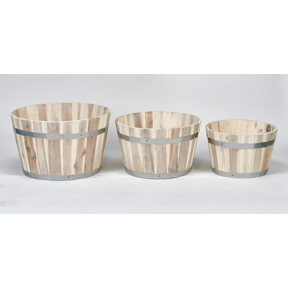 18 in. x 16 in. x 13 in. Nested Wood Barrel Planter with White Oil (Set of 3) 2841WO