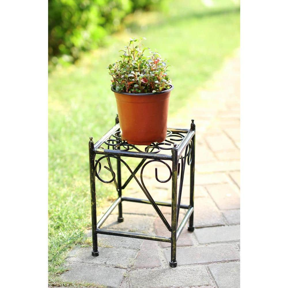 ORE International Small Lattice 13 in. Black/Gold Square Cast Metal Indoor Plant Stand LB-1705B