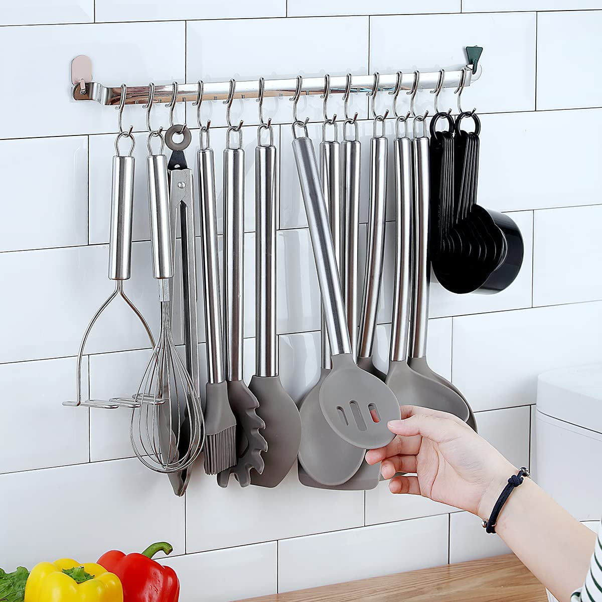 Just Houseware 38 Pcs Silicone Kitchen Cooking Utensil Setwith Utensil Rack, Food Grade Silicone Spatula Set, Non-Stick Heat Resistant Silicone Cookware with Strong Stainless Steel Handle(Silver)