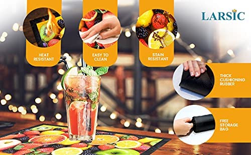 Larsic Bar Mat Spill Mat – Decorative Cocktail Mixing Pad Placemats for Dining Room – Cushioning， Heat Resistant Tamping Mat Protects Against Spills use as Drink Coaster (18.1x12.6， Fruit)