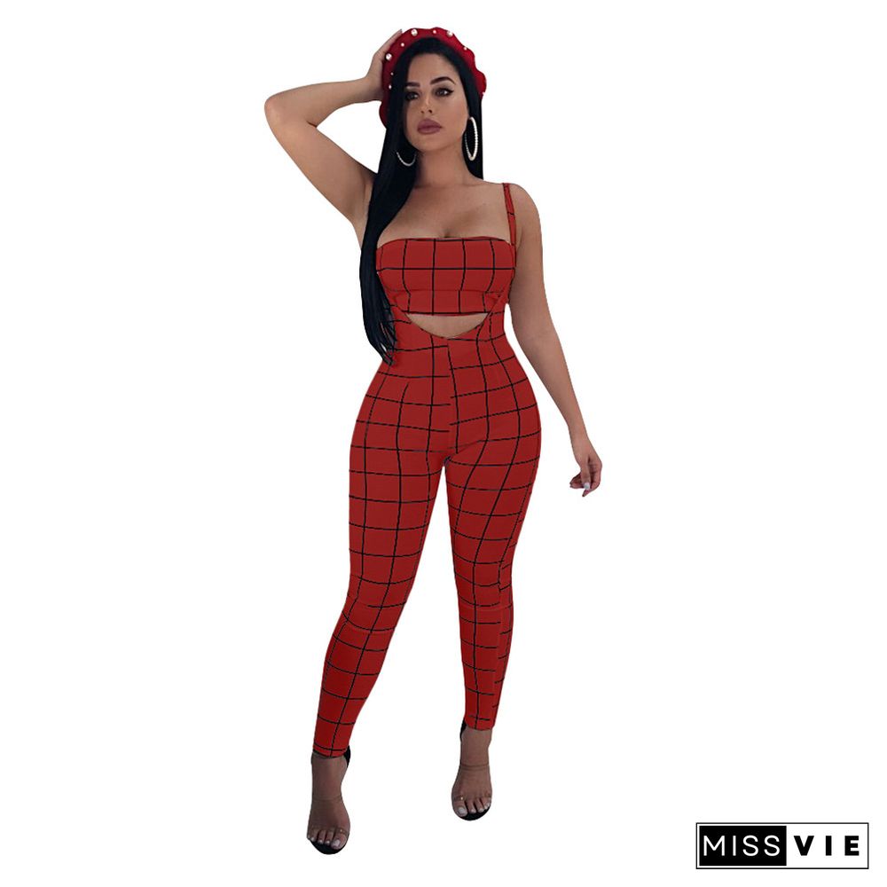 Plaid Strapless Crop Top+Skinny Jumpsuit Matching Sets