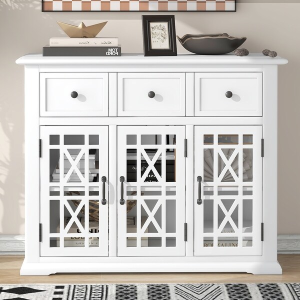 Wood Storage Cabinet with 3 Glass Doors， 3 Drawers and Interior Shelf Large Storage Space， Entryway Kitchen Dining Room