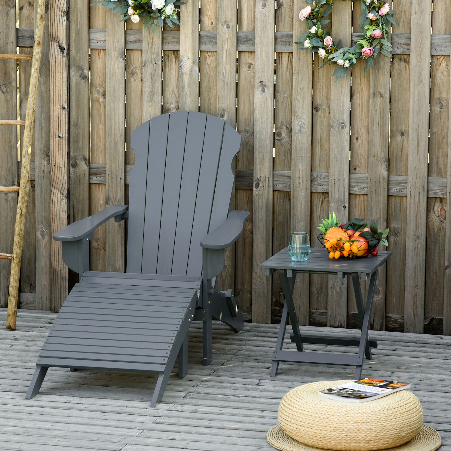 Outsunny 3 Piece Wooden Adirondack Chair Set with Comfort Ottoman and Handy Side Table with Easy Folding Design White