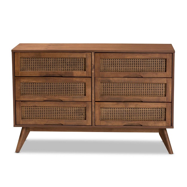 Barrett Wood And Synthetic Rattan 6 Drawer Dresser Walnut Brown Baxton Studio