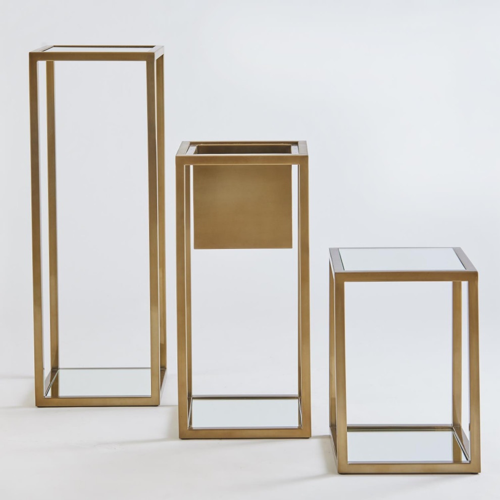 Minimalist Mirrored Square Brass Metal Pedestal Stand  Table Planter Open 20 quot  Contemporary   Plant Stands And Telephone Tables   by My Swanky Home  Houzz