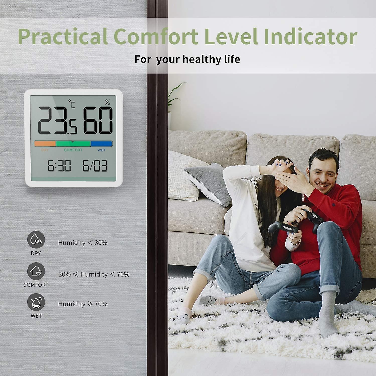 Mute Temperature And Humidity Clock Home Hygrometer Baby Room C/f Moisture Monitor Meter 3.34inch Lcd Display