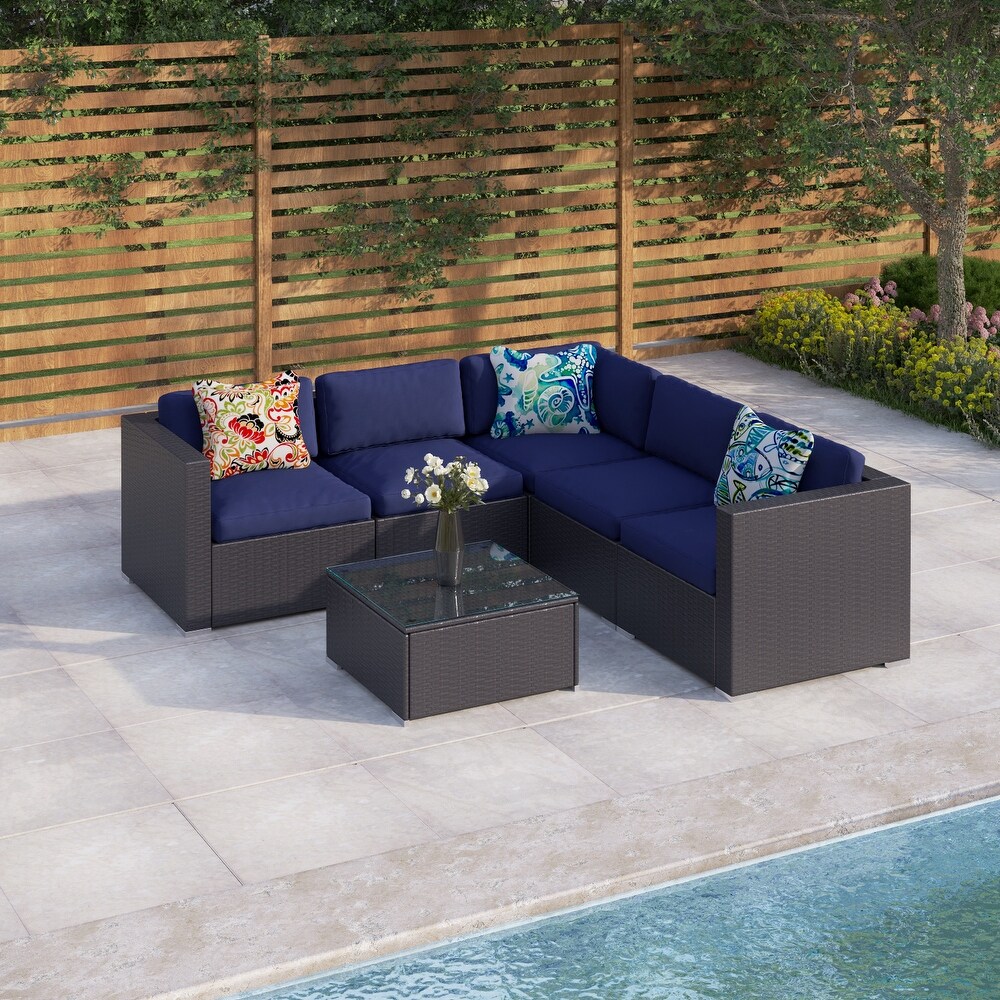 6 Piece Outdoor Sectional Sofa Rattan Patio Furniture Set Conversation Set with Tea Table