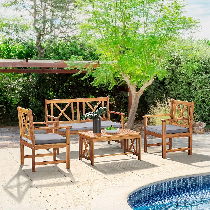 Alaterre Furniture Manchester Outdoor Conversation Bench， Chair and Coffee Table 4-piece Set