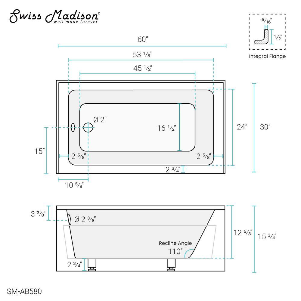 Swiss Madison Virage 60 in. x 30 in. Left-Hand Drain Rectangular Alcove Bathtub with Apron in White SM-AB580