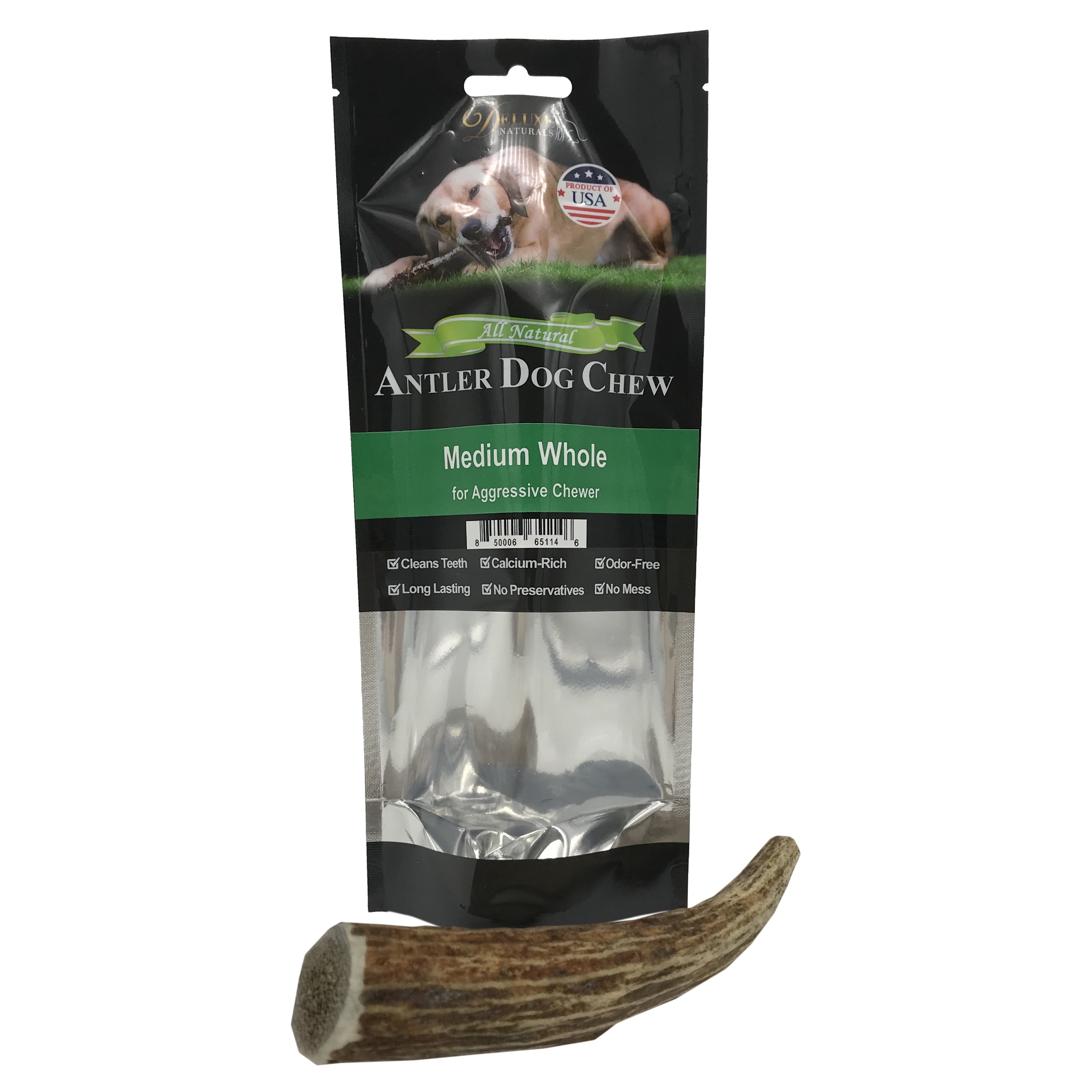 Deluxe Naturals Elk Antler Dog Chew Single Pack， Medium， Whole Antler