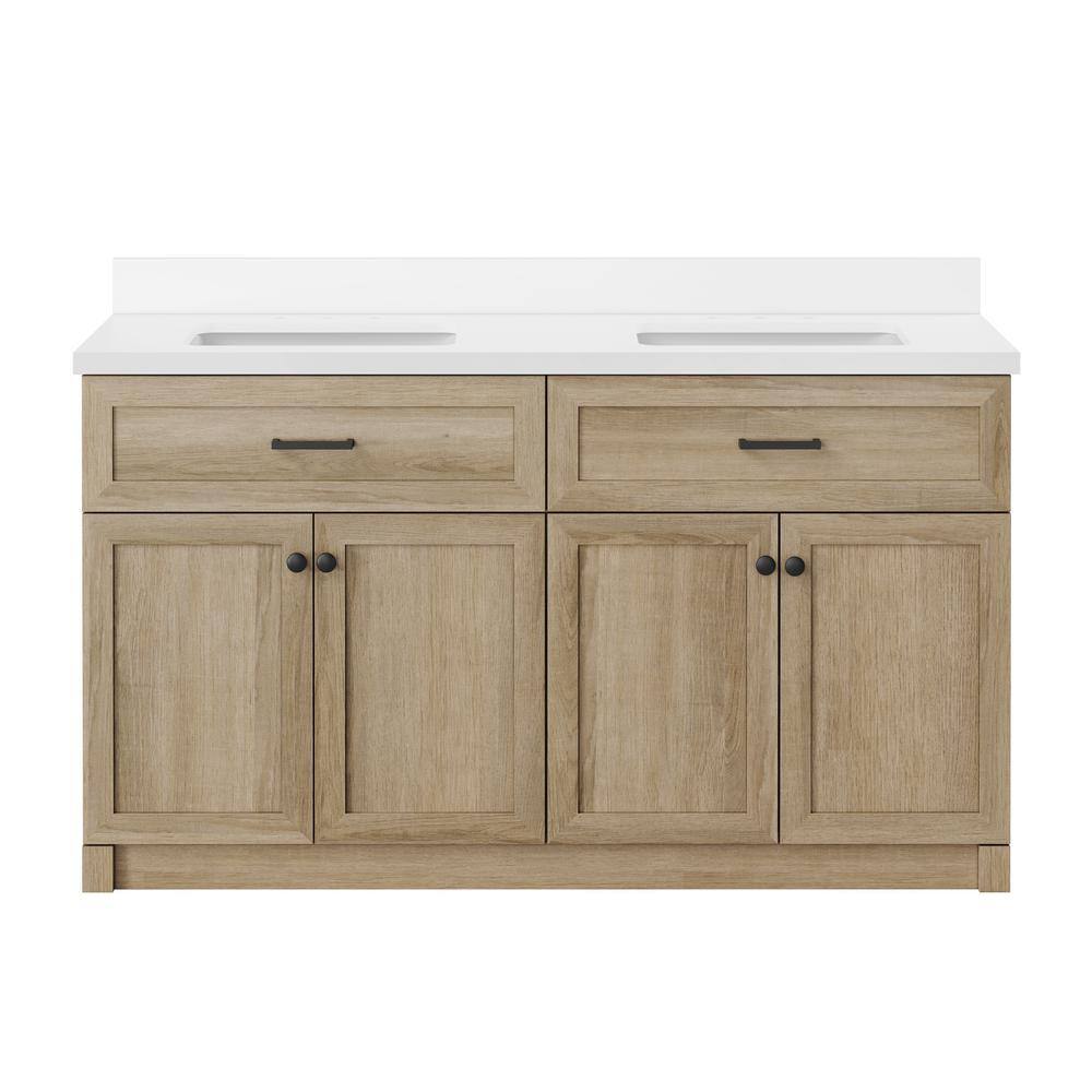 Home Decorators Collection 60 in. W x 34.5 in. H x 20 in. D Bath Vanity in Light Oak with White Engineered Stone Top HDTC60VW