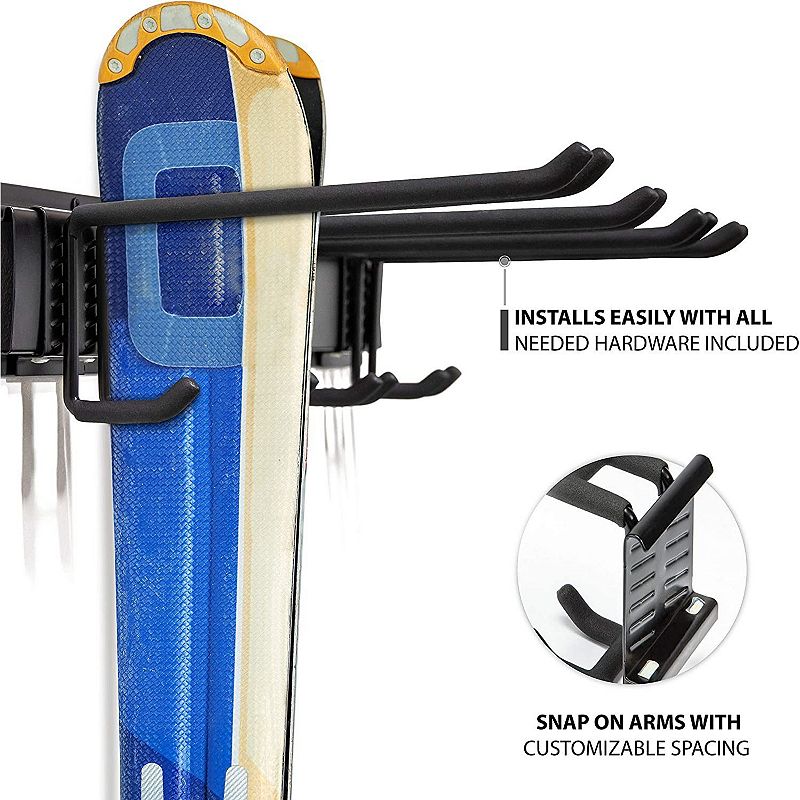 RaxGo Ski Wall Rack， Holds 4 Pairs of Skis and Skiing Poles or Snowboard w/Adjustable Rubber-Coated