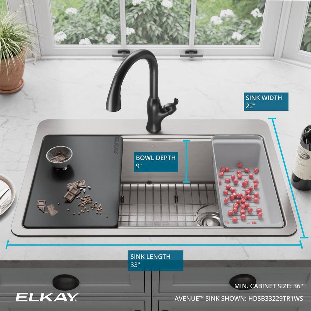 Elkay Avenue 18-Gauge Stainless Steel 33 in. Single Bowl Drop-InUndermount Workstation Kitchen Sink with Drain HDSB33229TR1WS