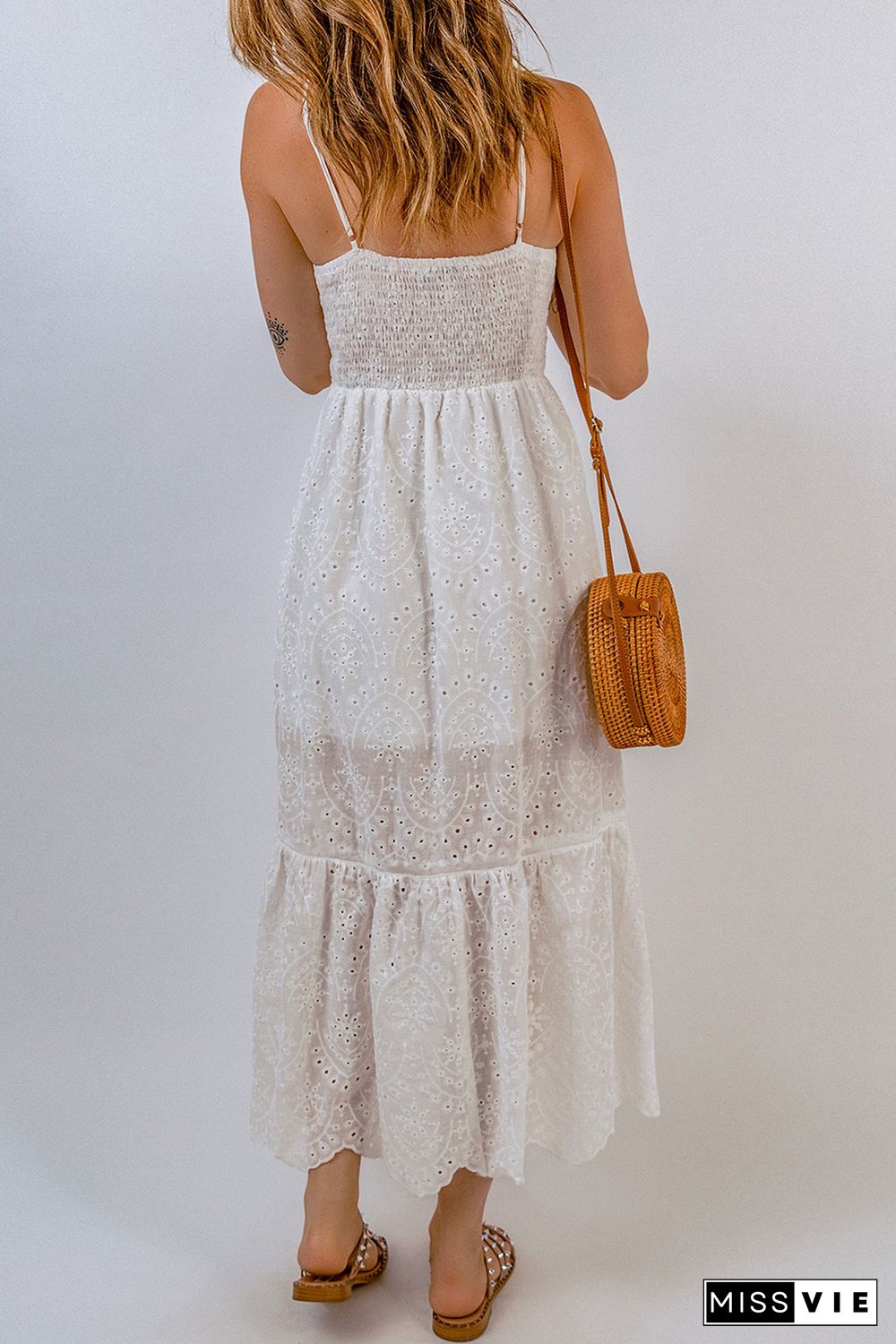 White Embroidered Spaghetti Straps Maxi Dress with Pearls