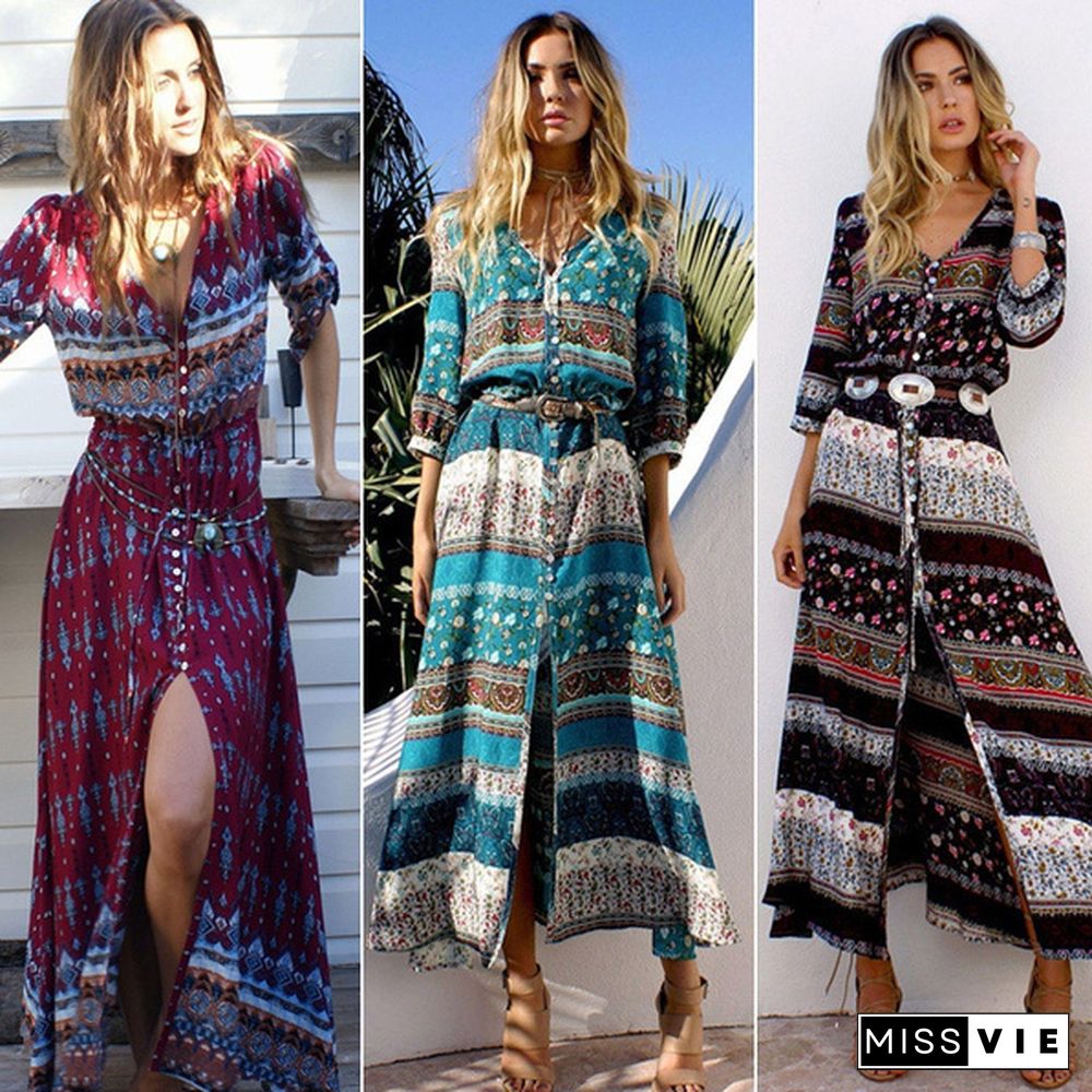 New Bohemian Printing Long Dress Women Maxi Long Dress Floral Print Retro Hippie Vestidos Chic Brand Clothing Boho Dress