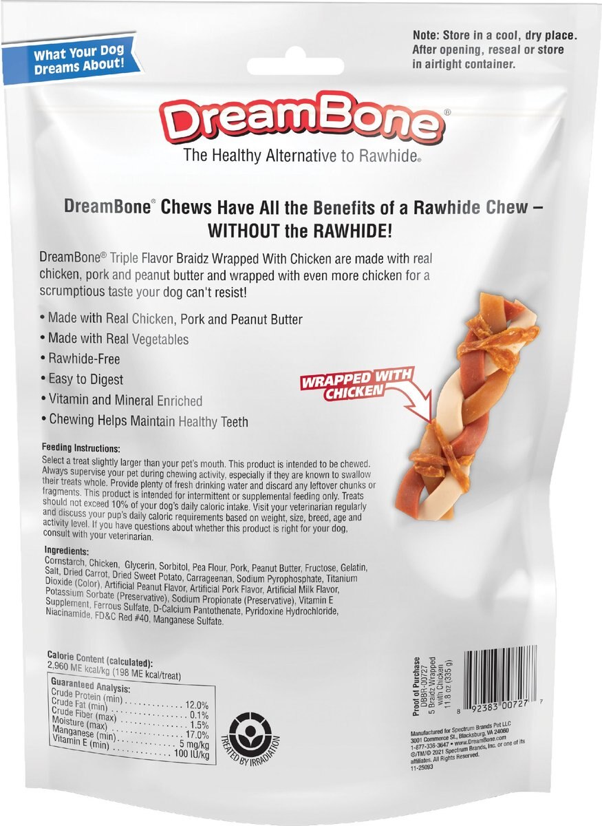 DreamBone Triple Flavor Braidz Wrapped w/Chicken Dog Rawhide Treat， 11.8-oz bag， 5 count