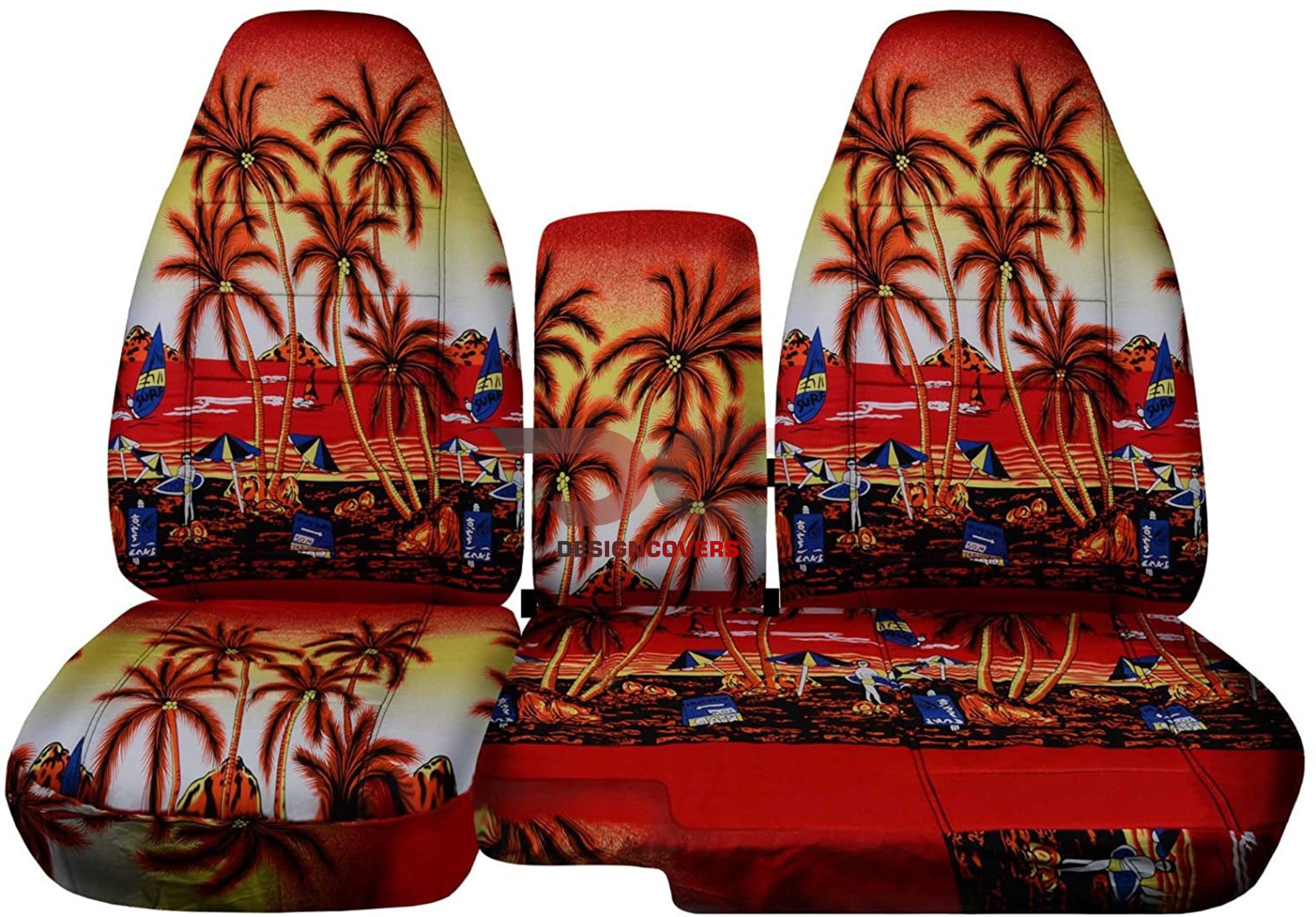 T382-Designcovers Compatible with 2004-2012 Ford Ranger/Mazda B-Series Hawaiian Print Truck Seat Covers (60/40 Split Bench) w Opening Center Console/Armrest: Red w Palm tree