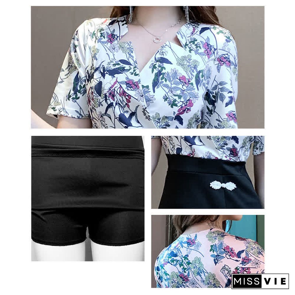 Floral Print V-neck T-shirt Buckle Split Skirt Two Pieces Set