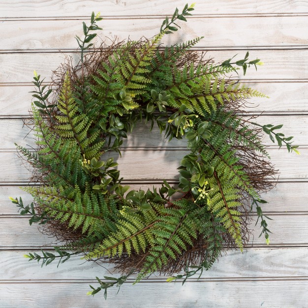 Artificial Fern Door Wreath On Grapevine Base 21 inch Uv resistant Greenery With Blossoms Slim Size For Front Porch Decor By Nature Spring green