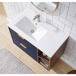 VAPSINT 36 in. W x 18 in. D x 24 in. H Wall Mounted Blue Bath Vanity with Brown Wood Grain Side Shelf with White Ceramic Sink VA-TMX001SLZMW-G90EL