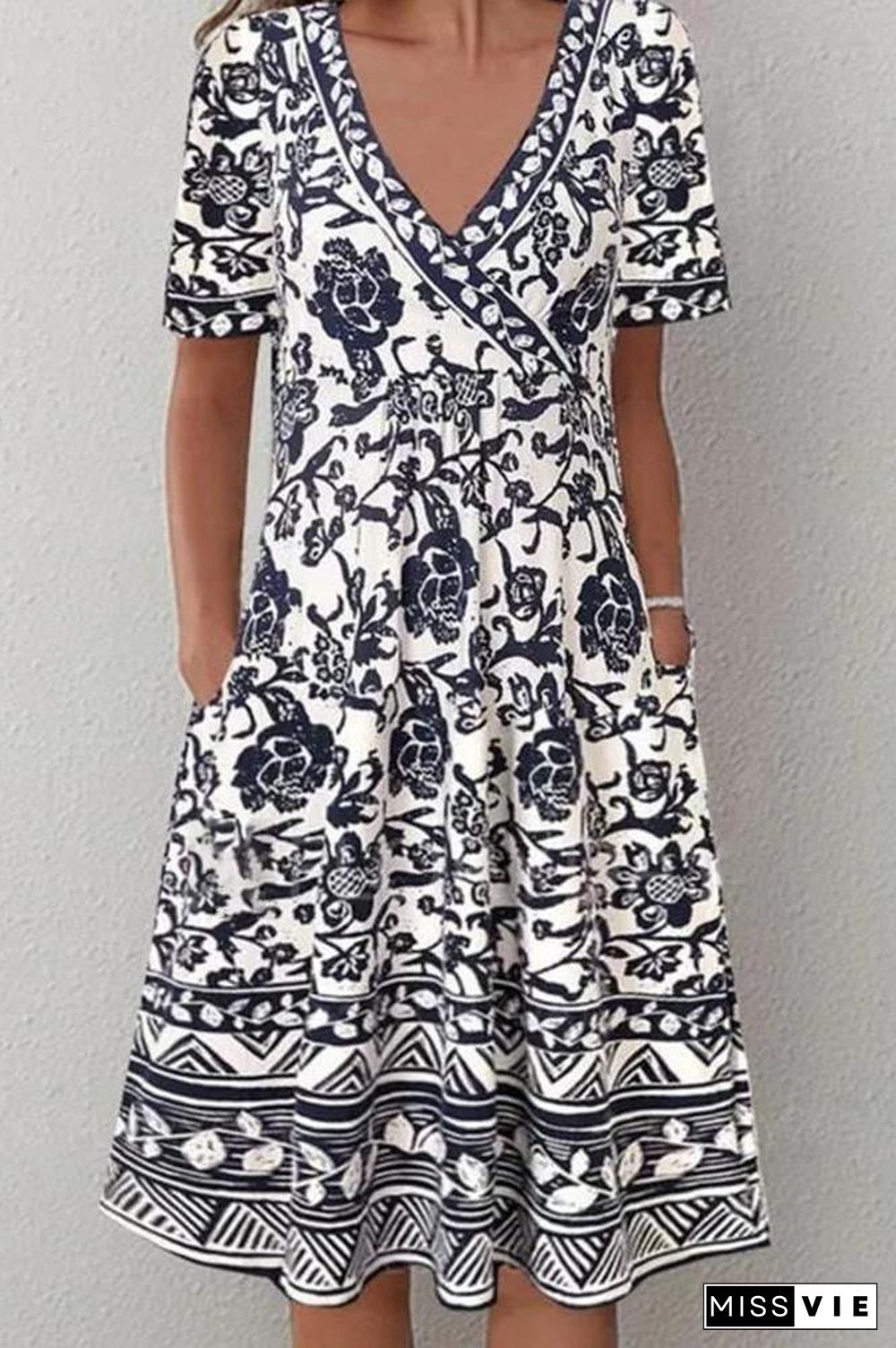 Vintage Printed Midi V-Neck Dress